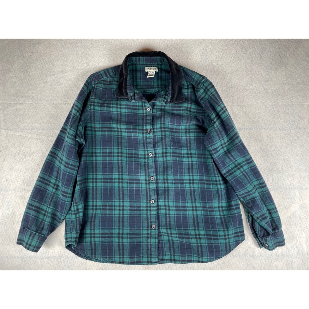 Women's Vintage Plaid Flannelโ Shirt, Velvet Collar, LS Pearl Button Up Size L